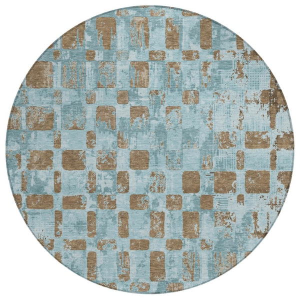 8 Ft Round Teal Aqua Abstract Polyester Area Rug Washable for Indoor Outdoor Use