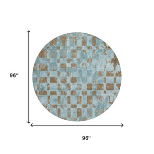 8 Ft Round Teal Aqua Abstract Polyester Area Rug Washable for Indoor Outdoor Use