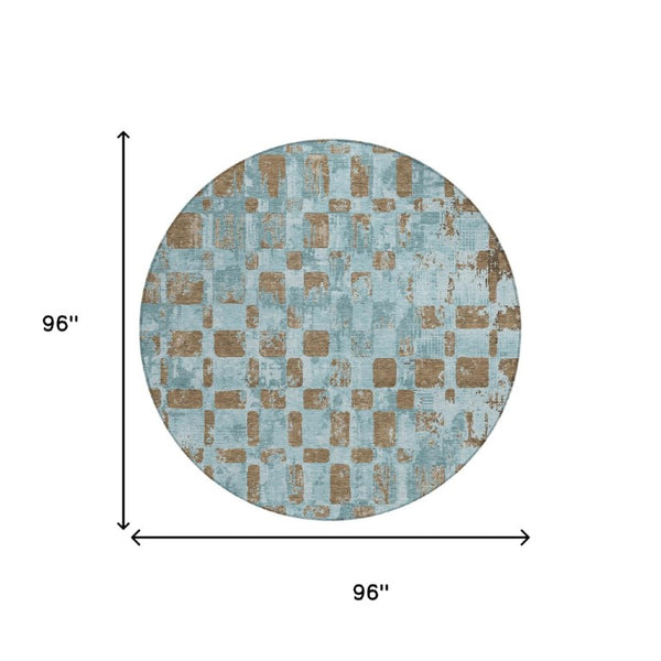 8 Ft Round Teal Aqua Abstract Polyester Area Rug Washable for Indoor Outdoor Use