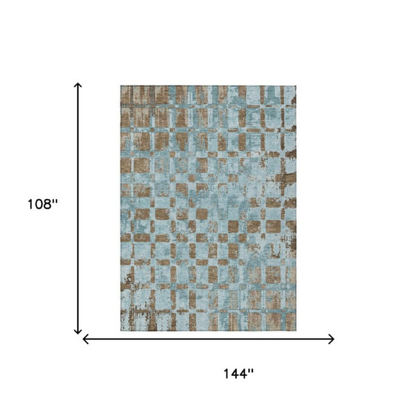 9 X 12 Teal Aqua Abstract Polyester Area Rug Washable for Patio Porch Living Room