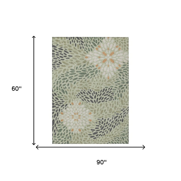 5 X 8 Abstract Green Khaki Polyester Area Rug Washable for Indoor Outdoor Use