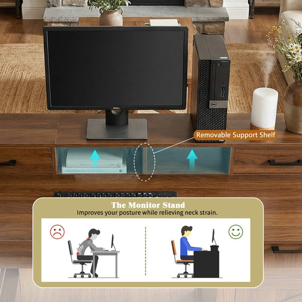 English Elm 55" Farmhouse Writing Desk with Cabinet Charging Station Pegboard and Monitor Stand Dark Walnut W2917S00009