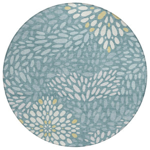 8 Ft Round Teal Silver Abstract Polyester Rug Washable for Indoor Outdoor Use