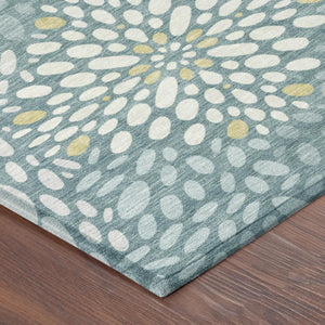 8 Ft Round Teal Silver Abstract Polyester Rug Washable for Indoor Outdoor Use