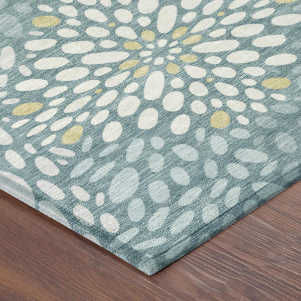 8 Ft Round Teal Silver Abstract Polyester Rug Washable for Indoor Outdoor Use