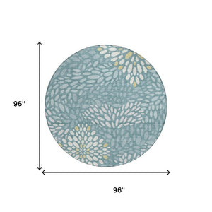 8 Ft Round Teal Silver Abstract Polyester Rug Washable for Indoor Outdoor Use