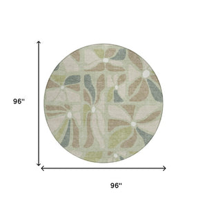 8 Ft Round Floral Polyester Area Rug Washable Indoor Outdoor Green Ivory