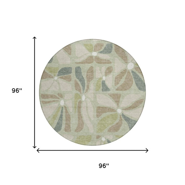8 Ft Round Floral Polyester Area Rug Washable Indoor Outdoor Green Ivory
