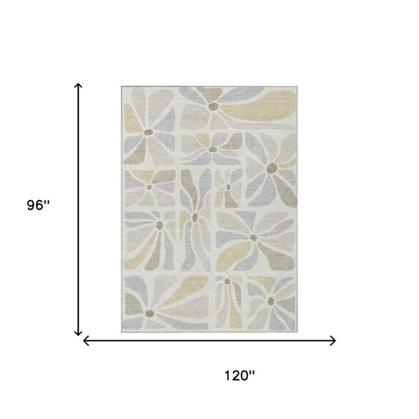 8x10 Ivory Linen Floral Polyester Area Rug Stain Resistant for Patio and Living Room