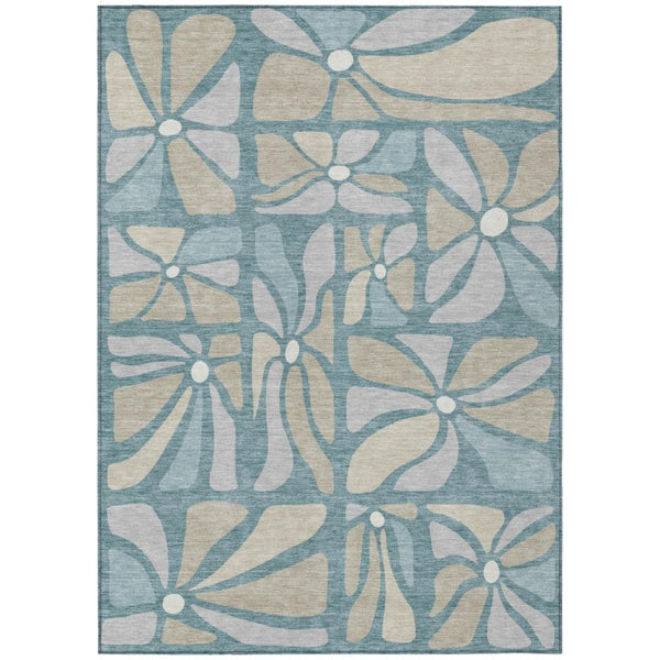 5 X 8 Teal Floral Polyester Area Rug Stain Resistant for Patio Porch or Living Room