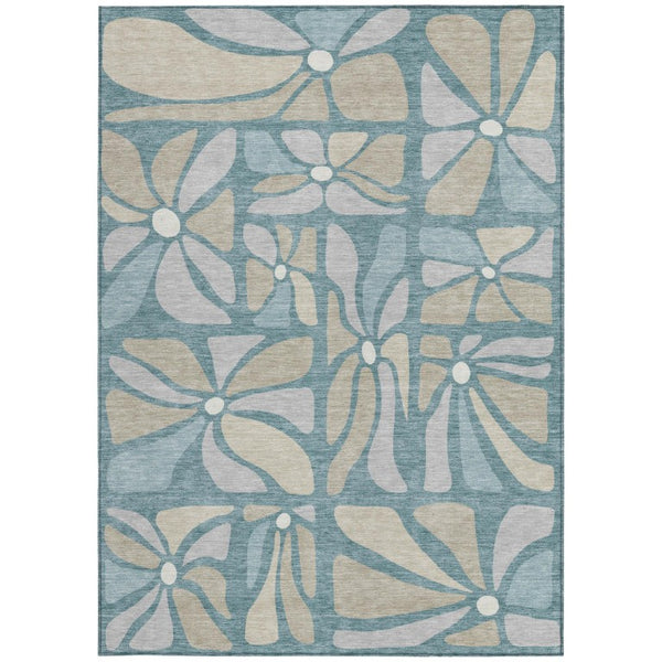 5 X 8 Teal Floral Polyester Area Rug Stain Resistant for Patio Porch or Living Room