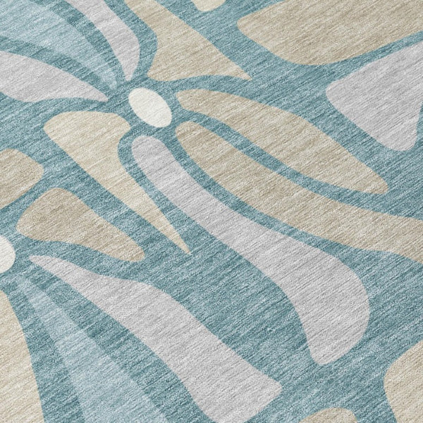 5 X 8 Teal Floral Polyester Area Rug Stain Resistant for Patio Porch or Living Room