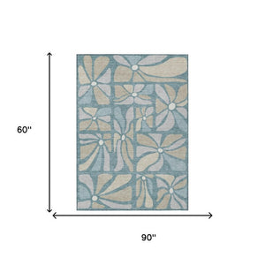 5 X 8 Teal Floral Polyester Area Rug Stain Resistant for Patio Porch or Living Room