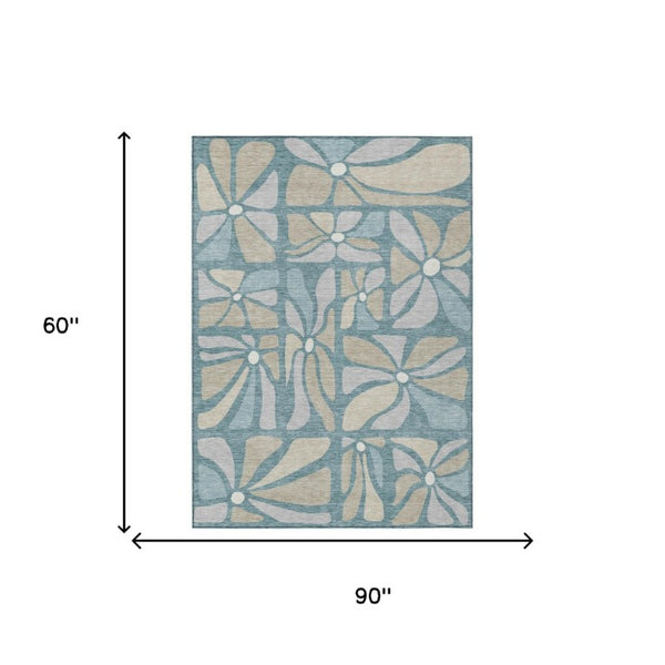 5 X 8 Teal Floral Polyester Area Rug Stain Resistant for Patio Porch or Living Room