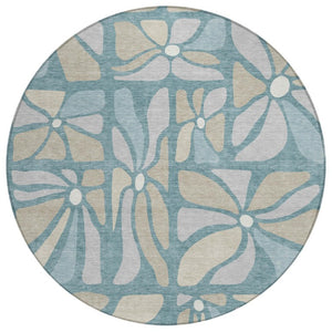8 Ft Round Floral Polyester Area Rug Washable Teal Beige for Patio or Family Room
