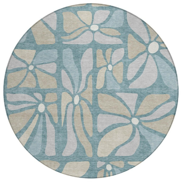 8 Ft Round Floral Polyester Area Rug Washable Teal Beige for Patio or Family Room