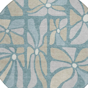 HomeRoots 8 Ft Round Floral Polyester Area Rug Washable Teal Beige for Patio or Family Room 734126