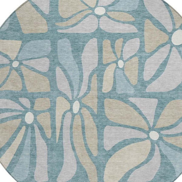 HomeRoots 8 Ft Round Floral Polyester Area Rug Washable Teal Beige for Patio or Family Room 734126