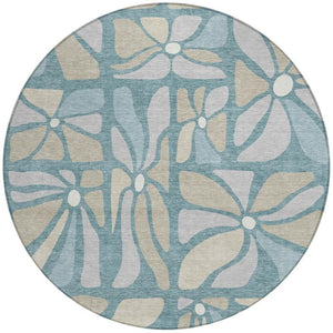 8 Ft Round Floral Polyester Area Rug Washable Teal Beige for Patio or Family Room