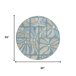 8 Ft Round Floral Polyester Area Rug Washable Teal Beige for Patio or Family Room