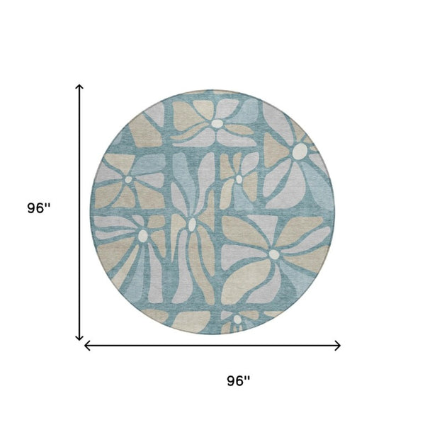8 Ft Round Floral Polyester Area Rug Washable Teal Beige for Patio or Family Room