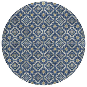 8 Ft Round Geometric Polyester Area Rug Washable Navy Stain Resistant Patio