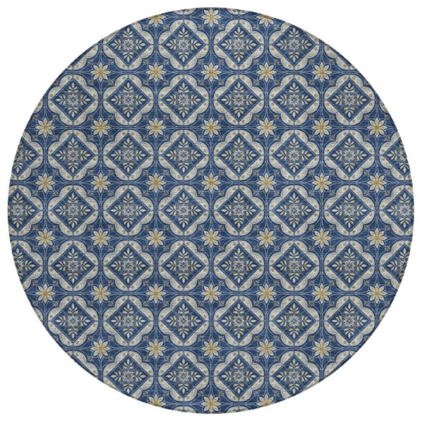 8 Ft Round Geometric Polyester Area Rug Washable Navy Stain Resistant Patio