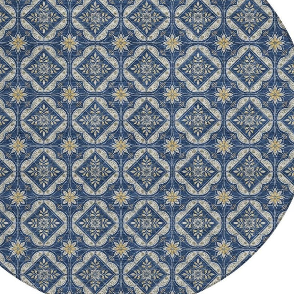 HomeRoots 8 Ft Round Geometric Polyester Area Rug Washable Navy Stain Resistant Patio 734156