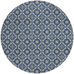 8 Ft Round Geometric Polyester Area Rug Washable Navy Stain Resistant Patio
