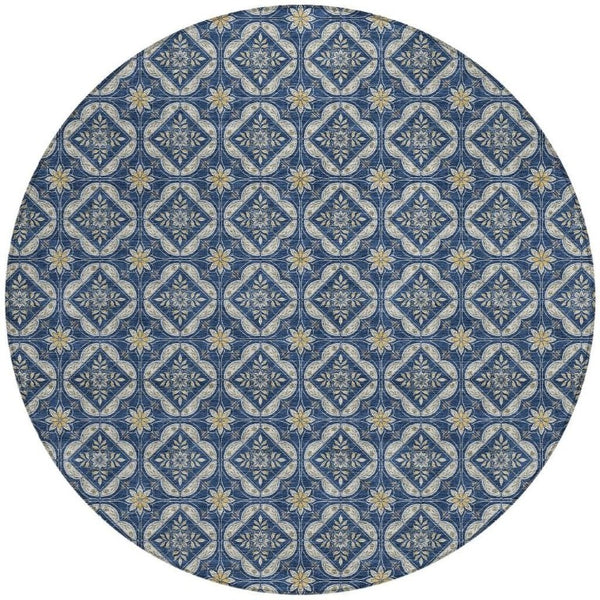 8 Ft Round Geometric Polyester Area Rug Washable Navy Stain Resistant Patio
