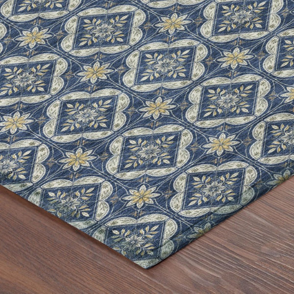 8 Ft Round Geometric Polyester Area Rug Washable Navy Stain Resistant Patio