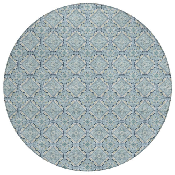 8 Ft Round Geometric Polyester Area Rug Washable Sky Blue Indoor Outdoor Use