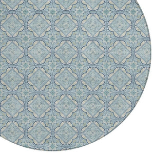 HomeRoots 8 Ft Round Geometric Polyester Area Rug Washable Sky Blue Indoor Outdoor Use 734168