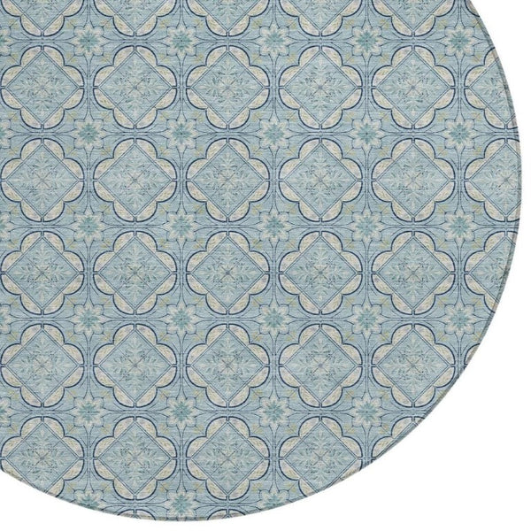 HomeRoots 8 Ft Round Geometric Polyester Area Rug Washable Sky Blue Indoor Outdoor Use 734168