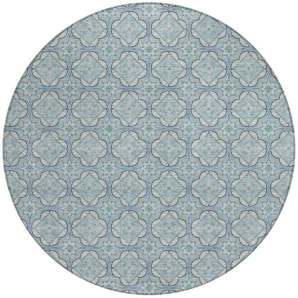 8 Ft Round Geometric Polyester Area Rug Washable Sky Blue Indoor Outdoor Use