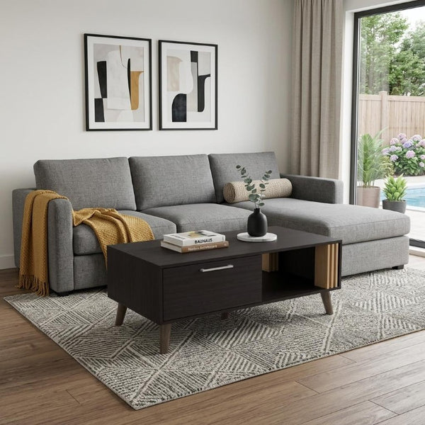 47 Inch Two-tone Oak and Black Rectangular Living Room Coffee Table in Wood