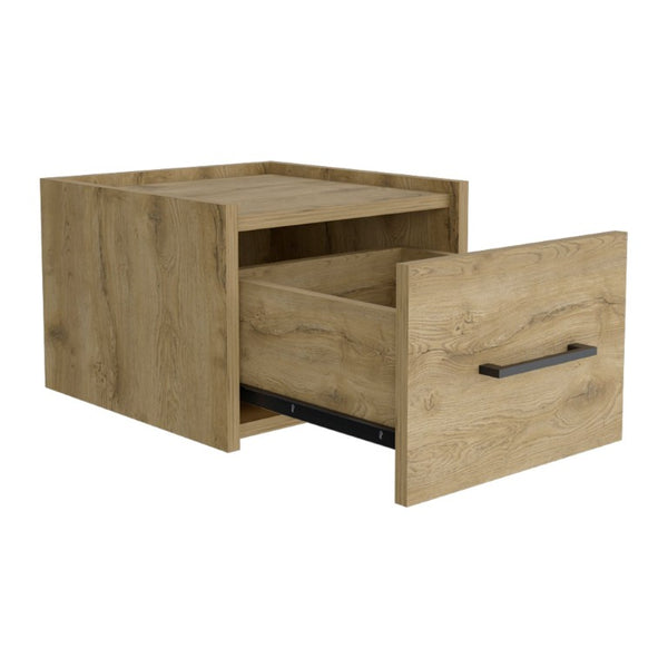 14 Inch Oak Wood Floating Nightstand with Single Drawer for Modern Bedroom Storage