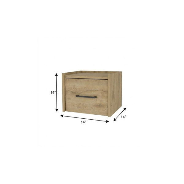 14 Inch Oak Wood Floating Nightstand with Single Drawer for Modern Bedroom Storage