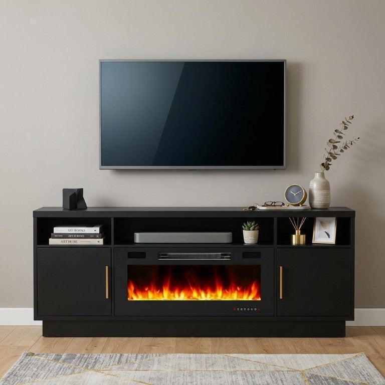 HomeRoots 70 Inch Black Wood Electric Fireplace Tv Stand Living Room Entertainment Console 734202
