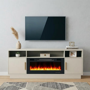 70 Inch Black and Off White Wood Electric Fireplace Tv Stand for Living Room