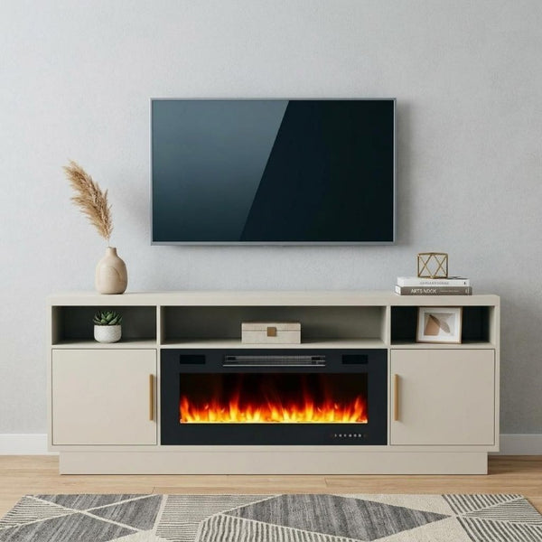 70 Inch Black and Off White Wood Electric Fireplace Tv Stand for Living Room