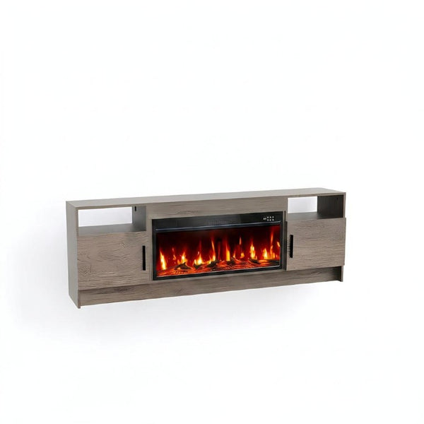 HomeRoots 70 Inch Light Gray Wood Entertainment Center with Built in Electric Fireplace Insert 734205