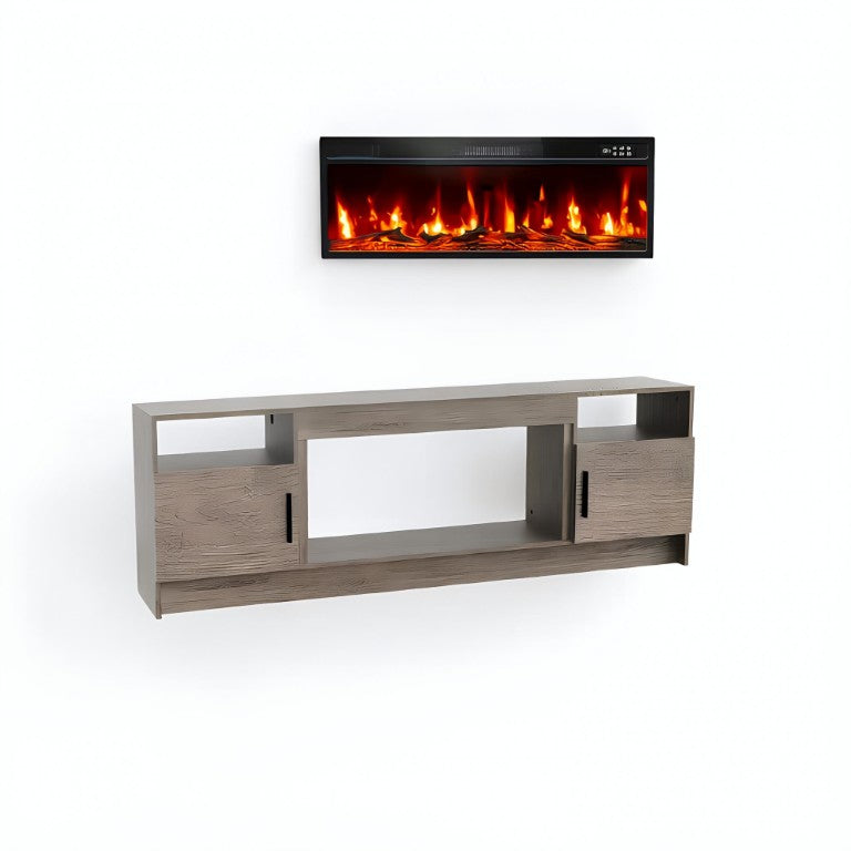 HomeRoots 70 Inch Light Gray Wood Entertainment Center with Built in Electric Fireplace Insert 734205