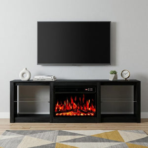 70 Inch Black Wood Entertainment Center with Built-in Electric Fireplace Hearth