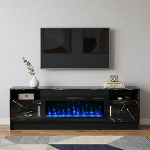 70 Inch Black Wood Entertainment Center with Built-in Electric Fireplace Insert