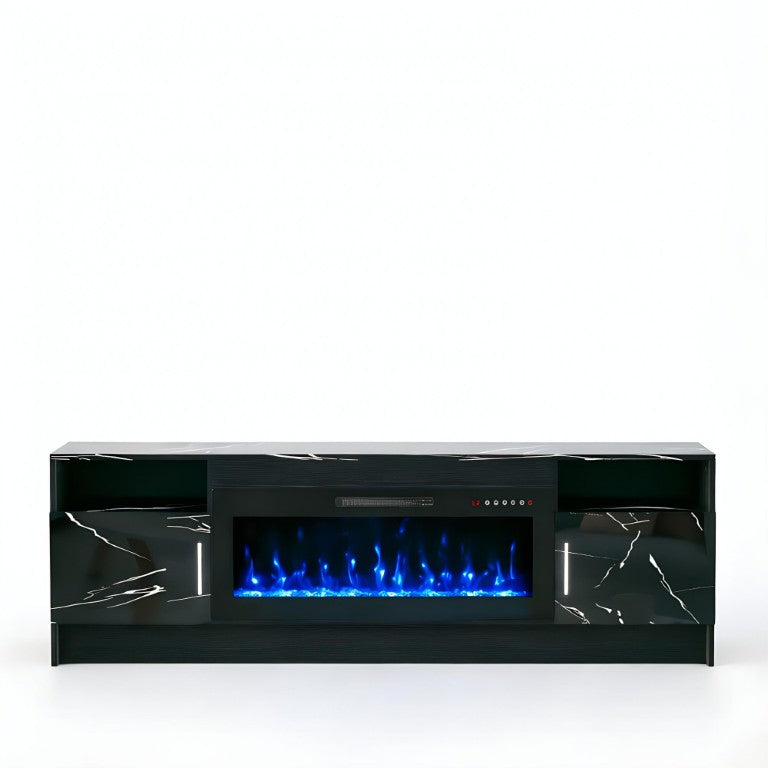 HomeRoots 70 Inch Black Wood Entertainment Center with Built-in Electric Fireplace Insert 734210