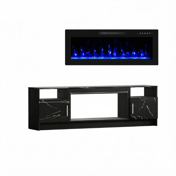 70 Inch Black Wood Entertainment Center with Built-in Electric Fireplace Insert