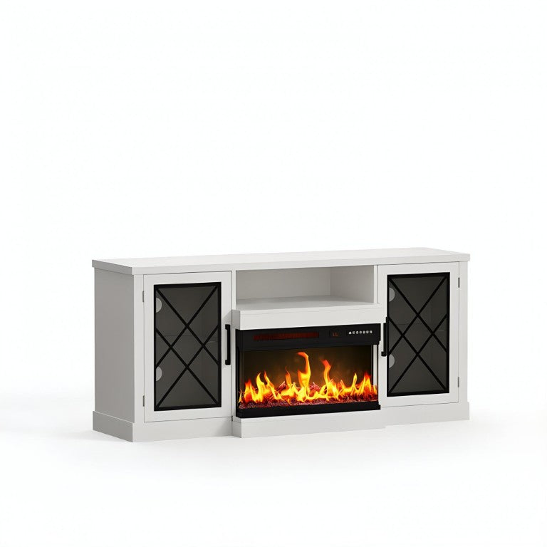 HomeRoots 59 Inch Wood Electric Fireplace Tv Stand for Living Room Entertainment and Display White 734212
