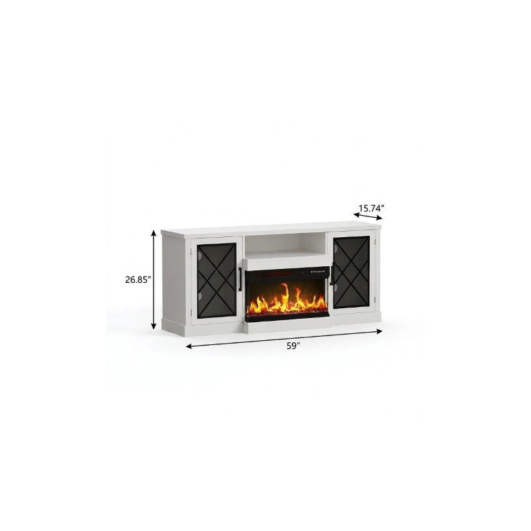 HomeRoots 59 Inch Wood Electric Fireplace Tv Stand for Living Room Entertainment and Display White 734212
