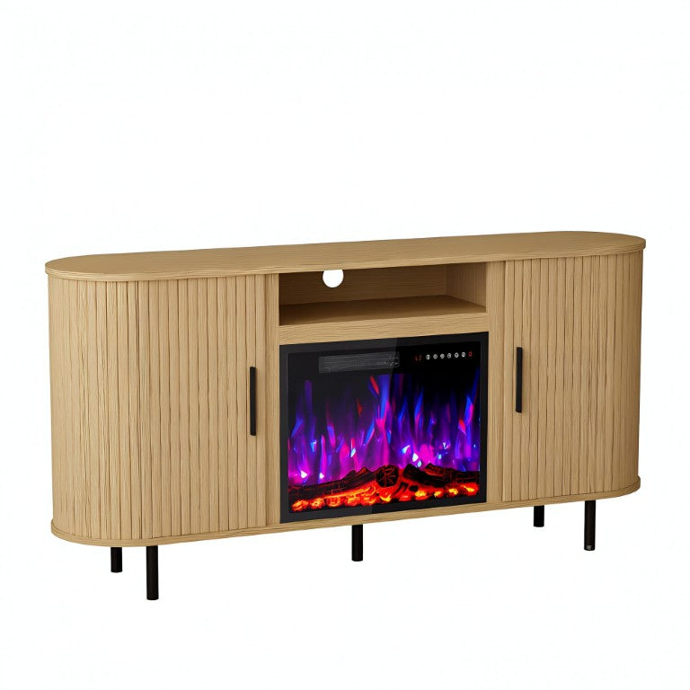HomeRoots 65 Inch Wood Tv Stand with Built in Electric Fireplace Insert for Living Room Entertainment Beige 734216
